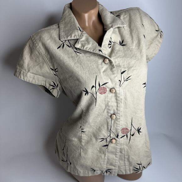 Linen Bamboo Print Shirt John Paul Richard M Cottage Naturecore Button Blouse - Picture 10 of 10
